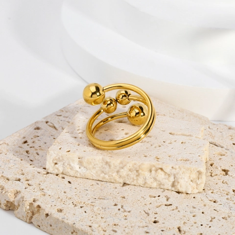 Gold Plated Stainless Steel Adjustable Open Ring For Women Minimalist Geometric Multi Layer Spiral Bead Design Jewelry