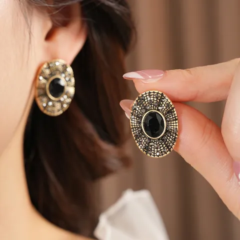 Vintage Oval Ohrstecker Legierung Strass Mit Schwarzem Mittelstein Und Silver Earring Post Retro Palast Stil Schmuck