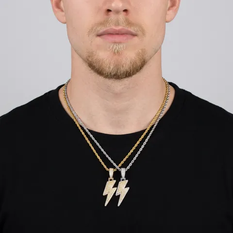 Collana Con Ciondolo A Fulmine Hip Hop Rame Micro Pavè Zirconia Iced Out Streetwear Gioielli Da Uomo