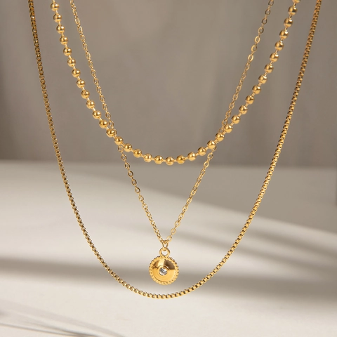 Collier Multi-rangs Acier Inoxydable Plaqué Or Pendentif Strass Multi-brins Chaîne À Billes Maille Boîte Pour Femmes