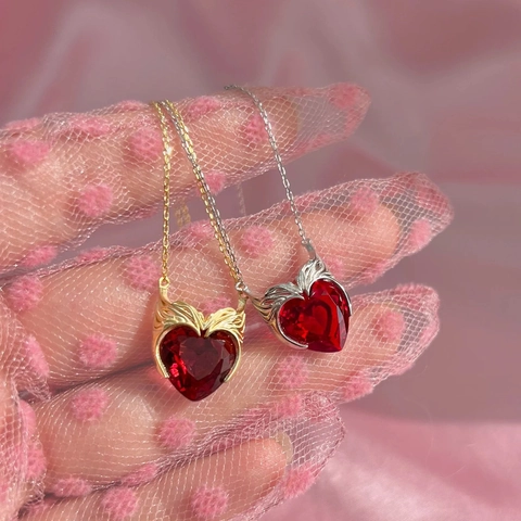 Herz Anhänger Halskette 18K Vergoldet Edelstahl Rot Zirkon Flügel Retro Schmuck Für Damen