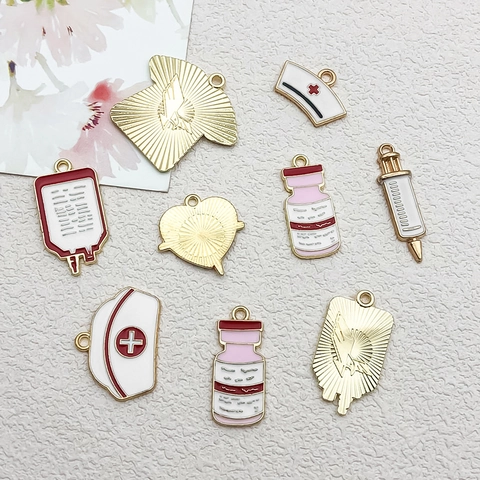 Medizinisches Thema Emaille Anhänger Zinklegierung Krankenschwester Hut Spritze Stethoskop Pendants Für DIY Schmuckherstellung