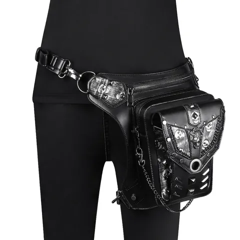 Punk Leg Bag PU Leather Skull Metal Rivet Chain Gothic Steampunk Motorbike Waist Pack For Women And Men