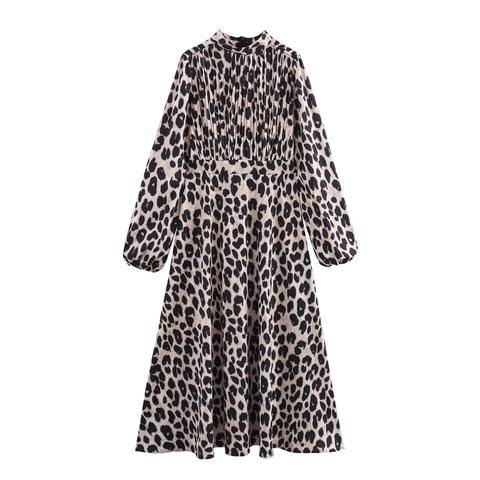 Leopard Print Maxi Dress Polyester Pleated High Waist Belted Retro French Style Long Sleeve Stand Collar Elegant Women