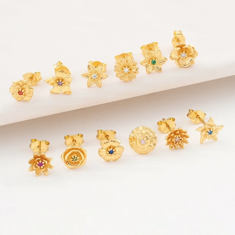 Flower Stud Earrings Copper Gold Plated With 925 Sterling Silver Earring Post Tiny Zircon Birth Flower Jewelry For Women