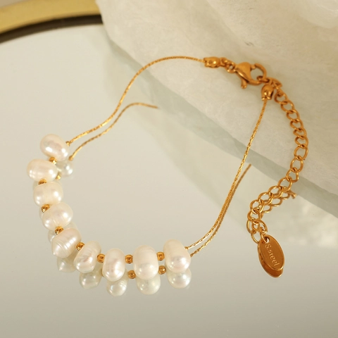 French Style Natural Freshwater Pearl Bracelet Women Stainless Steel 18K Gold Plated Adjustable Link Chain Fashion Jewelry