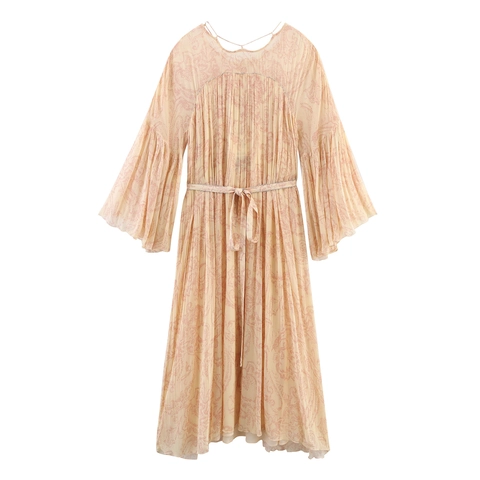 Damen Maxikleid Langarm Plissee Bedruckt Bohemian Elegant Polyester Glockenärmel Rundhals Taillenband Urlaub Stil