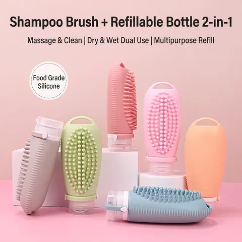 Silicone Travel Refillable Bottle With Scalp Massage Brush Leakproof Squeezable Shampoo Dispenser For Personal Care
