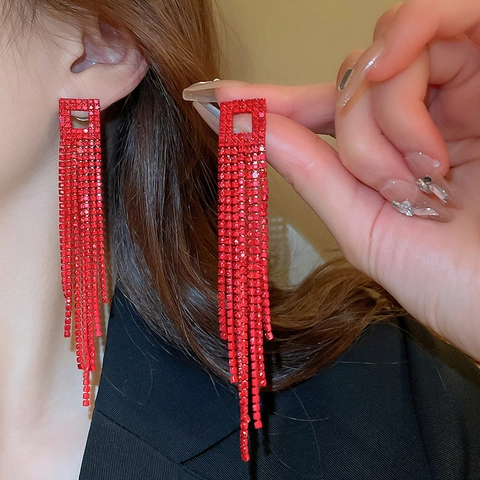 Red Rhinestone Long Tassel Dangle Earrings Alloy Geometric Square With 925 Sterling Silver Earring Post For Women