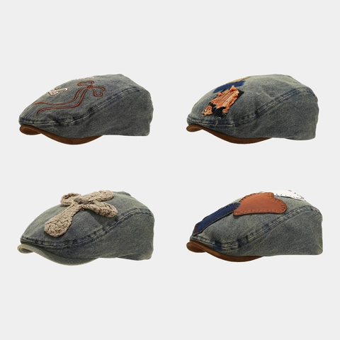 Basco in Denim Vintage Per Uomo Donna Cotone di Alta Qualità Cappello da Pittore Newsboy Effetto Consumato Retro Patchwork All'aperto