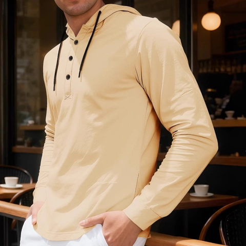Men Hooded Henley Shirt Long Sleeve Polyester Spandex Solid Color Casual Lightweight Breathable Tops With Drawstring