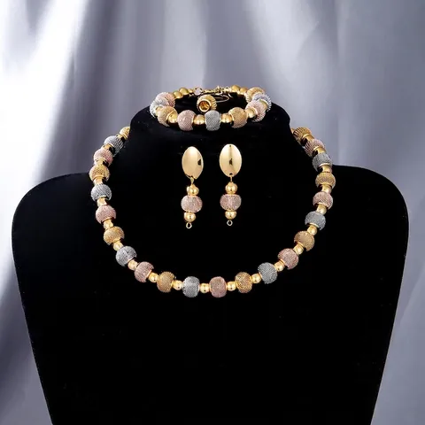 Fashion Jewelry Necklace Bracelet Earrings Ring Copper Gold Silver Rose Gold Plated Mesh Beads Contrast Color Statement