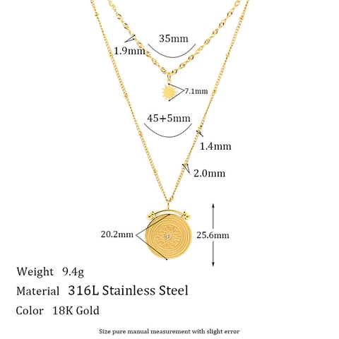 Collier Double Rang en Acier Inoxydable Pendentif Boussole et Soleil Incrusté de Strass Plaque Or Bijoux Pour Femme