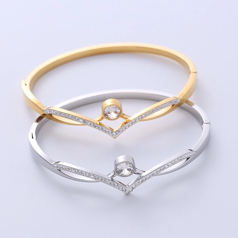 Brazalete En V Para Mujer De Acero Inoxidable 316L Con Circón Y Pequeños Diamantes De Imitación Joyería Elegante
