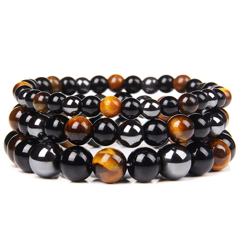Tiger Eye Obsidian And Hematite Beaded Bracelet Men Natural Healing Stone Energy Protection Masculine Jewelry