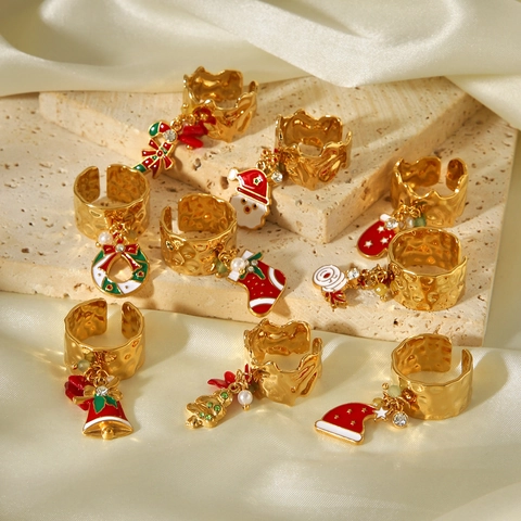 Bagues De Noël En Acier Inoxydable Ajustables Avec Pendentifs Émail Père Noël Élan Cloche Künstliche Perle Strass Bijoux Femmes
