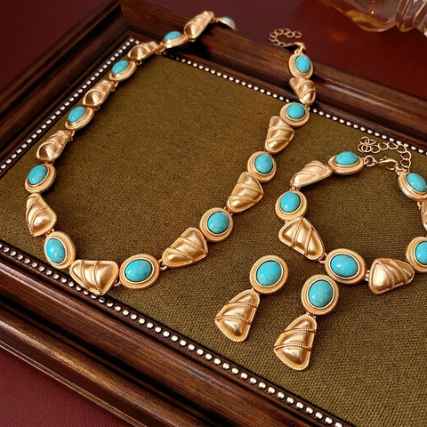 Gioielli In Lega Vintage Con Pietra Turchese Artificiale Collana Bracciale E Orecchini Perno In Argento Donne
