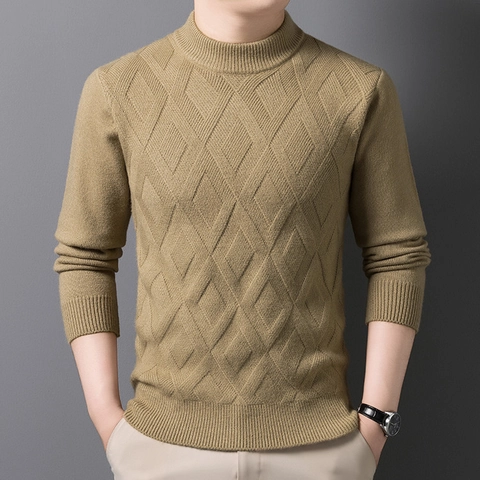 Heren Gebreide Trui Ruitjespatroon Halve Koltrui Lange Mouwen Slim Fit Casual Zakelijke Pullover Breigoed