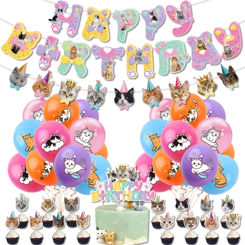 Süße Katzen Geburtstag Party Dekoration Happy Birthday Banner Tier Girlande Latex Luftballons Und Kuchen Deko Für Party