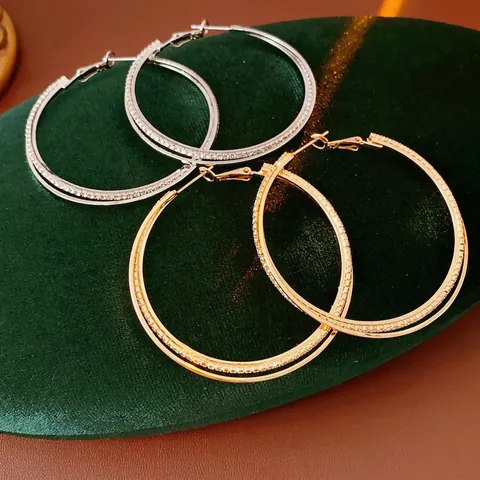 Pave Rhinestone Large Hoop Earrings Copper Geometric Round Chic Jewelry With 925 Sterling Silver Earring Post For Women