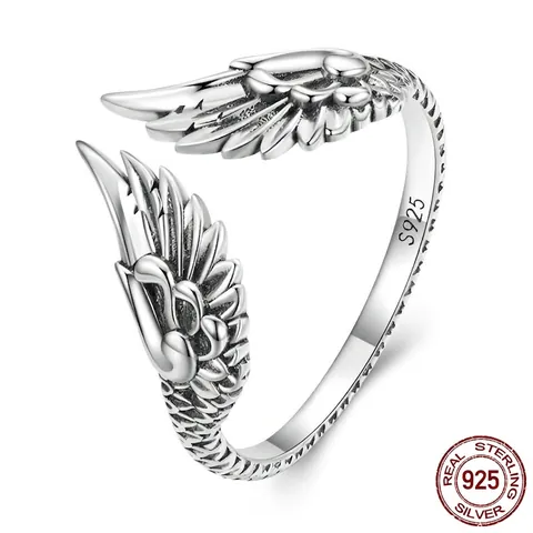 Vintage 925 Sterling Silver Angel Wings Feather Adjustable Open Ring For Women Men Retro Oxidized Jewelry Finger Ring Gift