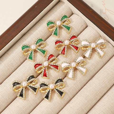 Elegant Bow Stud Drop Earrings Alloy Rhinestone Faux Artificial Pearl Enamel Christmas Color Sweet Style Women Fashion Jewelry