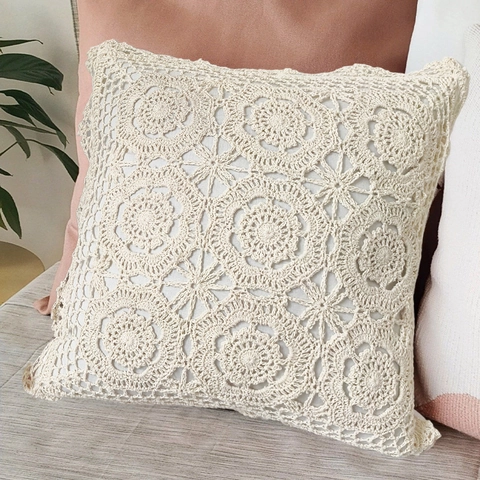 Crochet Pillow Cover Cotton Lace Hollow Out Bohemian Decorative Cushion Case For Sofa Bed Couch Cream Beige
