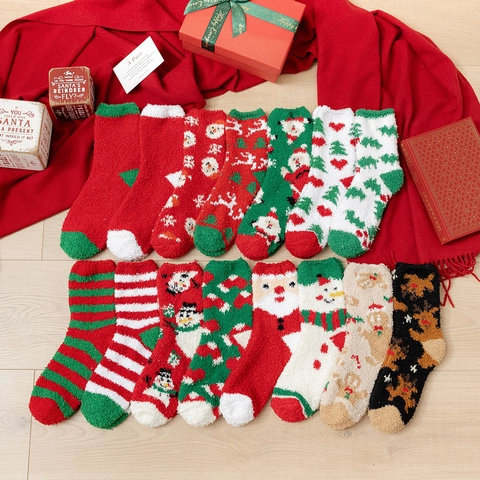 Christmas Socks Coral Fleece Thickened Warm Winter Floor Sleeping Plush Fuzzy Cartoon Reindeer Santa For Women