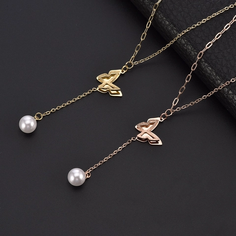 Collana A Y Con Pendente Farfalla E Perla Artificial Acciaio Inossidabile Titanio Opaco Elegante Gioielli Per Donna