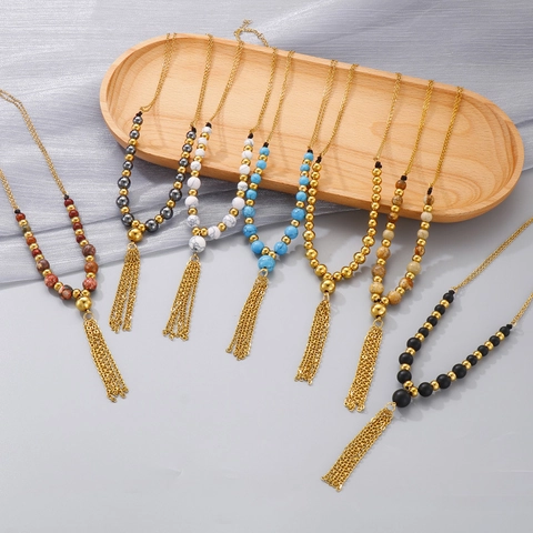 Bohemian Stainless Steel Jewelry Set For Women Natural Stone Beads Long Metal Chain Tassel Necklace Hook Earrings Set
