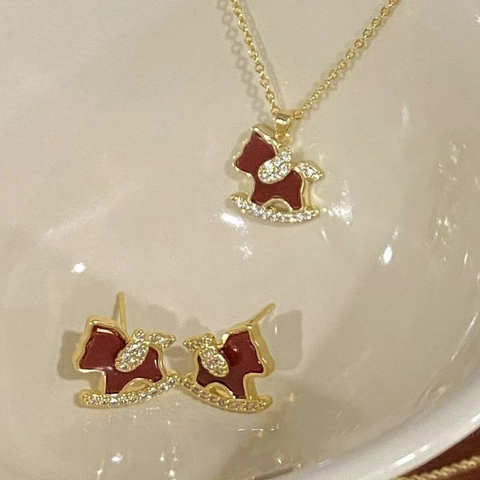 Rocking Horse Necklace And Earrings 18K Gold Plated Copper Red Enamel Zirconia Silver Earring Post Vintage Jewelry For Women