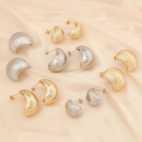 Vintage Geometric Ribbed Copper Stud Earrings Gold Silver Plated Croissant C Shape Water Drop Earrings For Women Fashion Jewelry