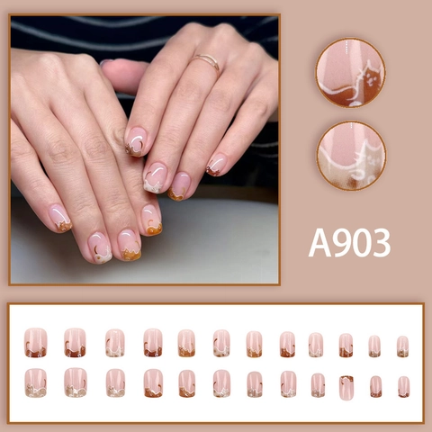 Short Press On Nails Cute Cartoon Cat Pattern Nude Pink Daily Manicure Fashionable For Women A903