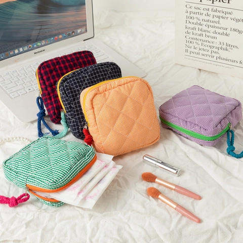 Quilted Plaid Sanitary Napkin Storage Bag Polyester Portable Travel Makeup Pouch Women Small Zipper Coin Purse Organize