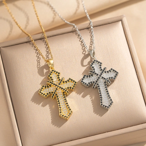 Kruis Hanger Ketting Koper Zirkoon Ingelegd Religieuze Elegante Minimalistische Sieraden Voor Dames