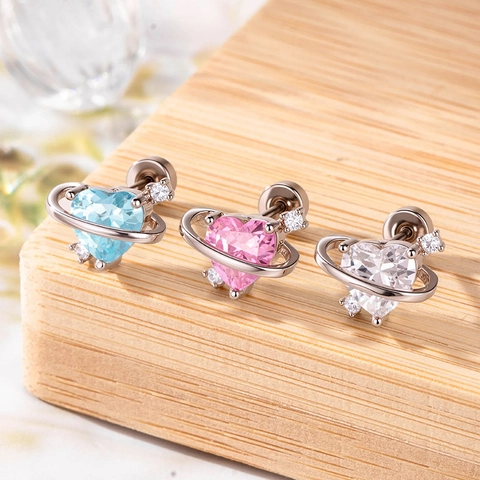 Pendiente De Cartílago Corazón Planeta Acero De Titanio Circón Piercing Órbita Rosca Joyería De Moda Para Mujer