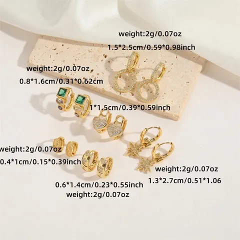 Vintage Gold Plated Copper Zircon Heart Star Geometric Hoop Earrings With Silver Earring Post Fashion Jewelry For Women