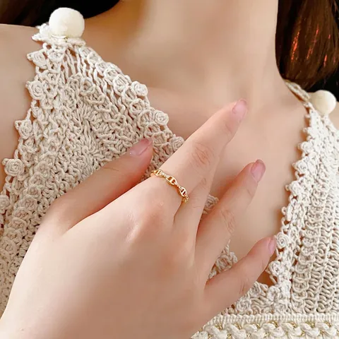 Elegant Chain Link Ring Gold Plated Copper Cubic Zirconia Adjustable Open Finger Jewelry Minimalist Luxury Style Women