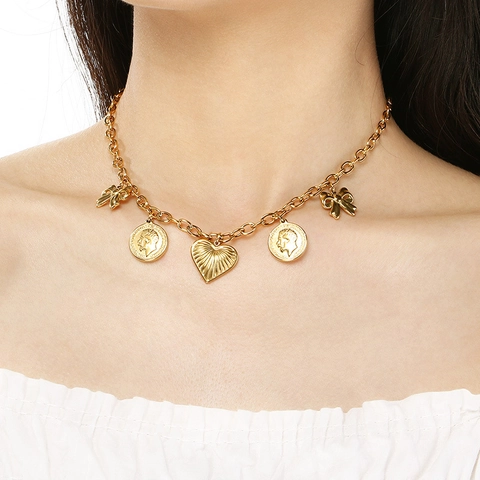 Vintage Stainless Steel Necklace For Women With Heart Moon Star Owl Coin Multiple Charms 18K Gold Plated Jewelry