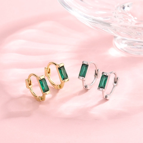 Minimalist Emerald Green Rhinestone Hoop Earrings For Women Korean Style Copper Electroplated Geometric Jewelry Ear Buckle