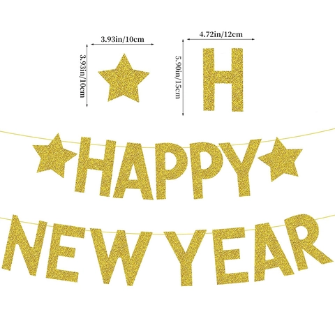 Happy New Year Banner Gold Glitter Sparkling Star Paper Bunting Garland Eve Party Celebration Home Wall Decoration