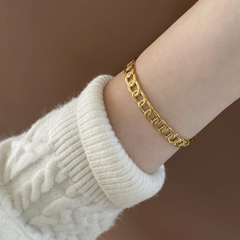 Bracelet Jonc À Chaîne Creuse Minimaliste En Acier Titane Plaqué Or Style Punk Bijoux Tendances Pour Femmes