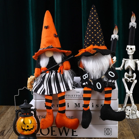 Halloween Gnom Plüsch Dekoration Gesichtlose Hexenpuppe Mit Langen Beinen Besen Und Boo Flagge Ornamente Für Die Party