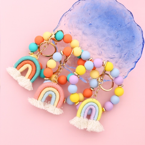 Boho Rainbow Macrame Tassel Keychain Silicone Bead Bracelet For Women Colorful Beaded Wristlet Key Ring Holder Bag Charm