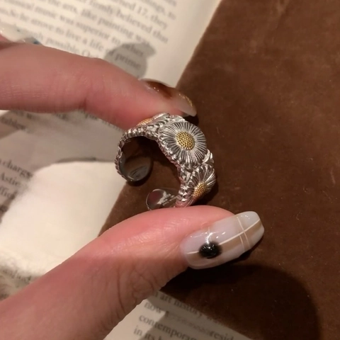 Vintage Kupfer Gänseblümchen Blume Verstellbarer Offener Ring Zweifarbig Silber Gold Plattiert Luxus Mode Fingerring Für Damen Schmuck