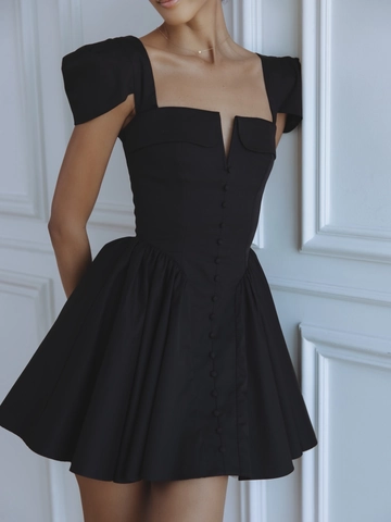 French Style Square Neck Mini Dress Black Cotton Polyester Button Decor Puff Sleeve Slim Fit Back Lace Up For Women