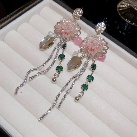 Orecchini Lunghi Con Nappa A Fiore Rosa Con Cristallo Artificiale E Perno In Argento Sterling 925 Gioielli Stile Principessa