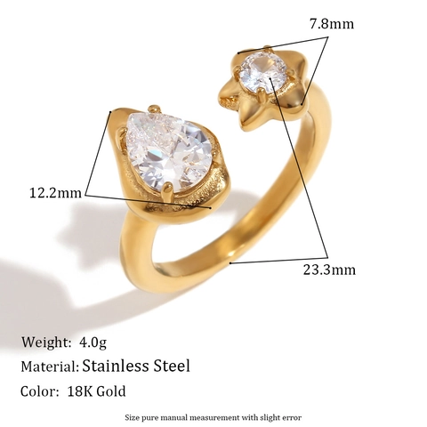 Asymmetric Star And Teardrop Open Ring Stainless Steel 18K Gold Plated Zirconia Adjustable Ring For Women Fashion Jewelry Gift