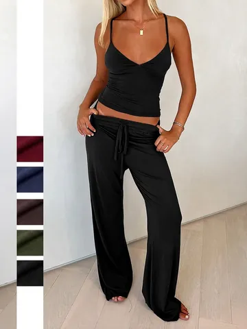 Damen Camisole Top Mit V Ausschnitt Und Kordelzug Hose Mit Hoher Taille Strick Casual Loungewear Streetwear