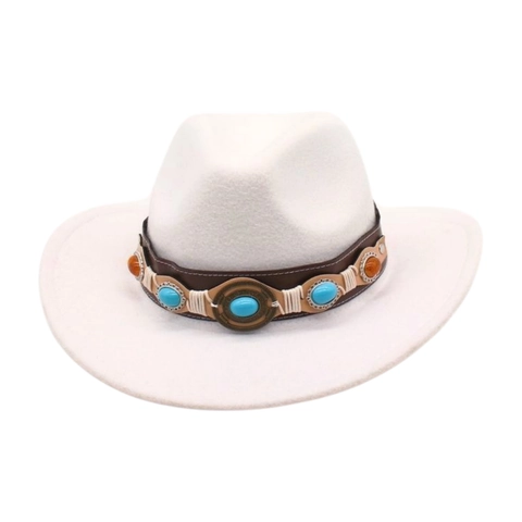 Kinder Western Cowboy Fedora Hut Polyester Filz Ethno Gürtel Türkis Edelstein Retro Breite Krempe Bühne Jazz Hut